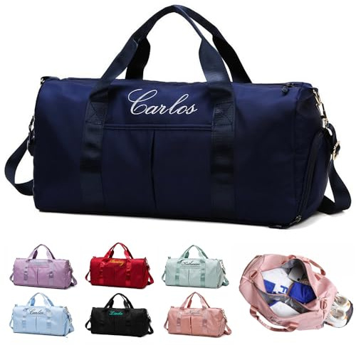 Personalisierte Sporttaschen Mit gesticktem Namen(dunkelblau) | Geräumige Reisetasche,Nassfach & Schuhfach,Für Männer und Frauen,Geburtstagsgeschenk für die Familie
