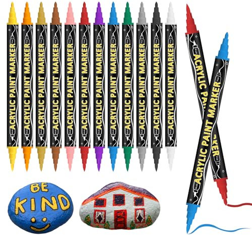 Acrylstifte für Steine Wasserfest, Jsdoin 12 Farben Metallic Permanent Marker Stifte,0.5-5mm Dual Tip Steine Zum Bemalen Acrylmarker für Holz Für DIY Fotoalben,Glas, Papier,Keramik,Steine, Holz Deko