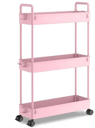 SOLEJAZZ 3-Tier Storage Trolley Cart Slide-Out Slim Rolling Utility Cart Mobile Storage Shelving Organizer für Küche, Bad, Waschküche, Schlafzimmer, schmale Orte, Kunststoff, Rosa