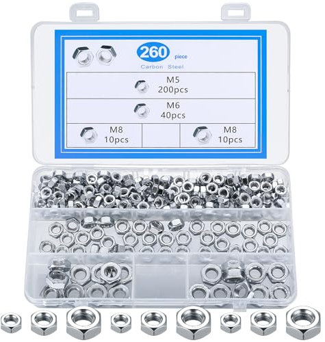 260 Pz Dadi M5 M6 M8, Dadi Esagonali in Acciaio al Carbonio, Dado Esagonale M5 M6 M8, Dadi Assortiti con Inserti Filettati per Fissaggio Viti, Bulloni Filettati, Barre Filettate