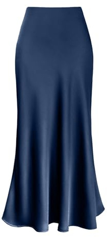 Vhersily Gonna da donna in seta sintetica satinata a vita alta, tinta unita, con chiusura lampo, sexy, gonna a sirena, blu navy, L