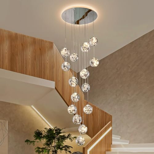 KAUCQI LED Lámpara de Colgante de 15 Bolas de Cristal, Lámpara de Araña LED de Escalera, 75W Araña de Gypsophila Creativa, Longitud Ajustable, Lámparas de Techo Modernas Para Villas, Escaleras…