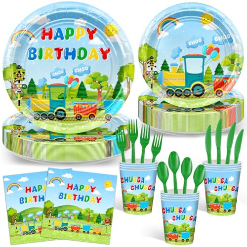 Avezano 168 PCS Train Birthday Decorations Choo Choo Transportation Tableware Train Birthday Plates and Napkins for Kids, Serves 24