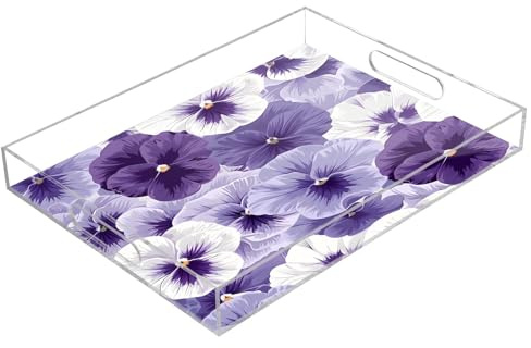 White Violet Pansy Flowers Acrylic Serving Trays, Clear Rectangular Tray with Handles Serving Platter for Coffee Table Kitchen Bathroom