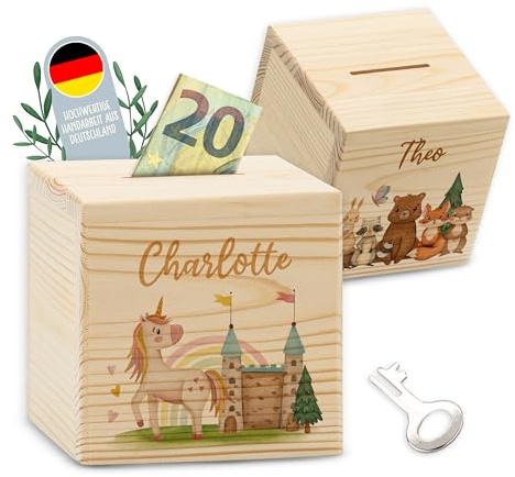 Lilletå Personalisierte Spardose Tierwelten (003.03) 10 x 10 cm – Holz Sparbox – Goalsaver Box – Sparbüxe für Kinder – Geldsparenbox