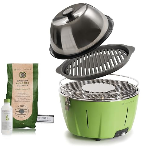 Classe Italy | Barbecue au charbon de bois portable avec couvercle et grille en fonte, batterie rechargeable, charbon et gel pour allumage. PRO Vert avocat