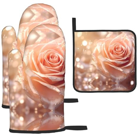Rose Gold Glitter Print Oven Mitts and Pot Holders Set,Cooking Mitts,Cooking Mitts and Pot Holders,Oven Gloves Set