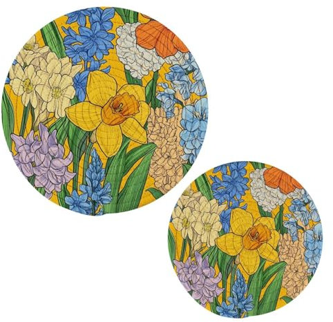 Set di 2 sottopentola rotondi in cotone resistente al calore, con fiori primaverili, giacinti e narcisi, giacinti Daylily, giacinti gialli