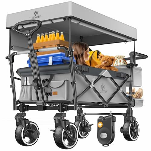 KESSER® Carro plegable GTS-9100 con techo, carro de transporte, plegable, soporta hasta 150 kg, con ruedas de goma dura y frenos de estacionamiento, delantera y trasera, incluye cerradura, cubierta y