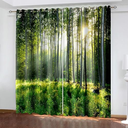 Bishilin Gardinen Blickdicht mit Ösen, Vorhänge Verdunkelung 2er Set 86x138CM mit Muster Natur Frühling Wald Schlafzimmer Vorhänge und Gardinen