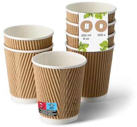 BIOZOYG Riffelbecher 500 Stück 200 ml / 8 oz, 80 mm, braun, innen weiß - Becher für Heißgetränke - Kaffeebecher to go aus Pappe - Einwegbecher, Alternative zu Styroporbecher