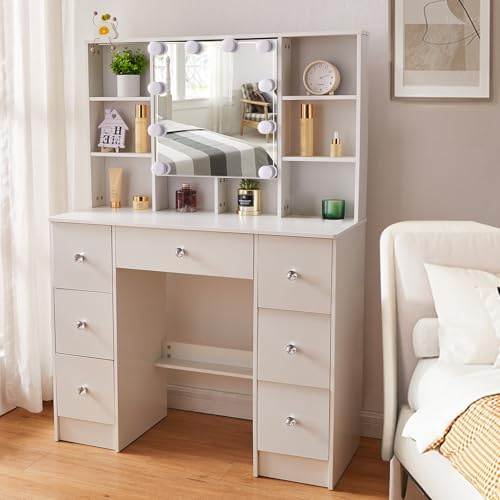 Teousev Toeletta da Trucco con Specchio Apribile, Scrivania Make Up Ampia con Luci Dimmerabili e Guida Video, Postazione Trucco con 7 Cassetti e 6 Ripiani, 40×100×140 cm, Bianco, J51219