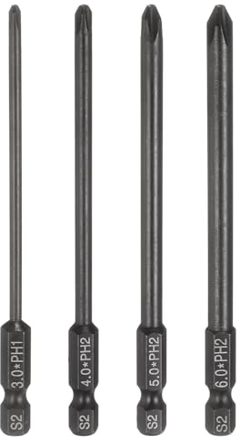 sourcing map 4pcs #1+#2 Phillips Screwdriver Bit PH1+PH2 1/4 Hex Shank 4 (100mm) Long Magnetic Cross Head Drive Drill Bits S2 Steel Industrial Screw Driver Electric Power Tool, Black