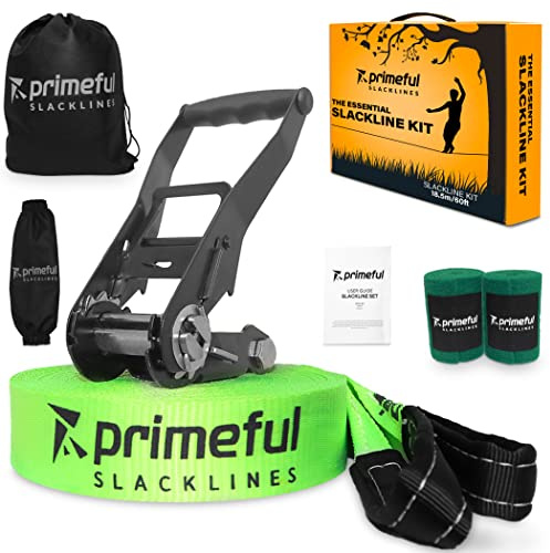 Primeful Slackline Set completo – Premium Slackline 15 m con protezione per albero e sistema a cricchetto, allenamento per principianti e professionisti, made for Germany (verde, kit standard)