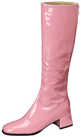 Långa damstövlar i lackläder fyrkantig tå mellanklack block höga stövlar för streetwear höst vinter och ledig utgång glänsande material, pink, 39 EU