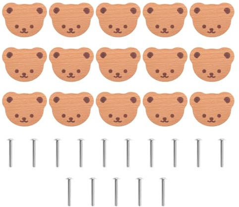 Aboiledy 15Pcs Schrankknöpfe, Hölzerne Schubladenschubladen mit Schrauben, Möbelknöpfe, Holzschrankknöpfe, Boho Bären-Schubladenknöpfe Holzgriffe für Kinderzimmer, Schränke, Kommoden
