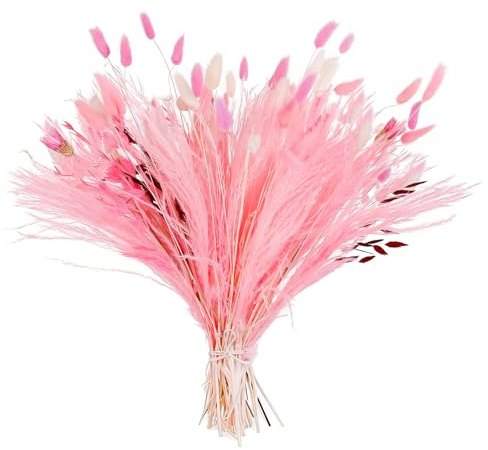 99 Pcs Pink White Dried Boho Floral Arrangement Bunny Tail Grass Pampas Decor Set Natural Wheat Stems Rustic Home Wedding Centerpiece Bouquet DIY Room Decor