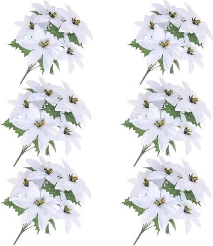Homesecret Pack of 6 White Poinsettia Artificial Flowers | Snow-Kissed Bushes 34cm 7 Heads of Silken Blooms for a Christmas Flowers Artificial Wonderland | Your Signature Xmas Elegance.