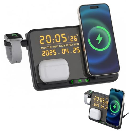 XAVURO 3-in-1 Wireless Charger with Alarm Clock for Bedside | Charging station with LED display for iPhone, Samsung, Apple Watch & AirPods, showing time
