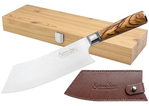 Katana Saya Olive Wood 21cm BBQ Knife | Japanese VG-10 Damascus Stainless Steel, Natural Olive Wood Handle, Barbecue Cooking