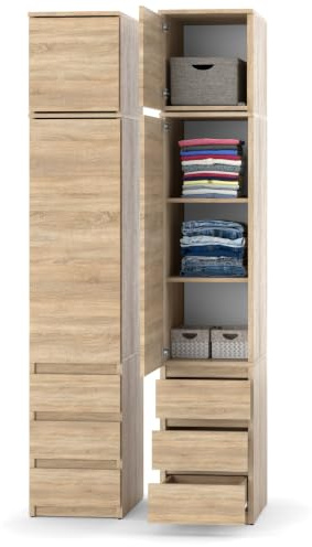 ELVA Kleiderschrank 40 cm mit Aufsatzschrank – 224,5 cm hoher schmaler Hochschrank mit 3 Schubladen & 2 Türen – griffloser Mehrzweckschrank für Schlafzimmer, Flur & Büro (Sonoma Eiche)