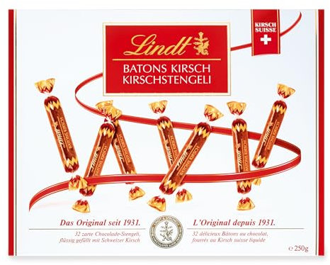 Lindt Schokolade Batons Kirschstengeli | 250 g | 32 Vollmilchschokoladestengli gefüllt mit flüssigem Schweizer Kirschlikör | Pralinengeschenk mit Alkohol | Schokoladengeschenk