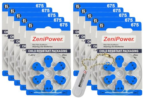 ZeniPower Size 675 1.45V Zinc Air Hearing Aid Batteries (60 Pcs) + Battery Holder