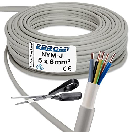 50 Meter Installationskabel NYM-J 5x6 mm² - Kunststoff Installationsleitung - 50m / 50 m -PVC - grau