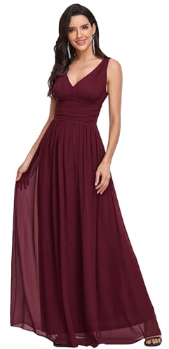 Ever-Pretty Damen Partykleid A-Linie V-Ausschnitt Ärmellos Chiffon Hohe Taille Burgund 38