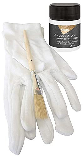 1 x Anlegemilch Pastos 50 ml dickflüssiger Spezialkleber Kleber Klebstoff zum Anlegen von Blattmetall, Schablonieren und zur Anwendung auf Glas + 1 Paar Vergolderhandschuhe + 1 Pinsel