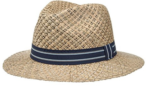 fiebig Strohhut Traveller mit farbigem Ripsband | Sonnenhut für Herren & Damen aus 100% Stroh | Made in Italy | Sommerhut in vielen Größen | Farbe Natur (59-L, Blau)