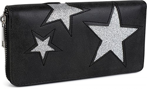 styleBREAKER Geldbörse mit glitzerndem Stern Cutout Muster und Ziernaht, Reißverschluss, Portemonnaie, Damen 02040058, Farbe:Schwarz/Stern Silber