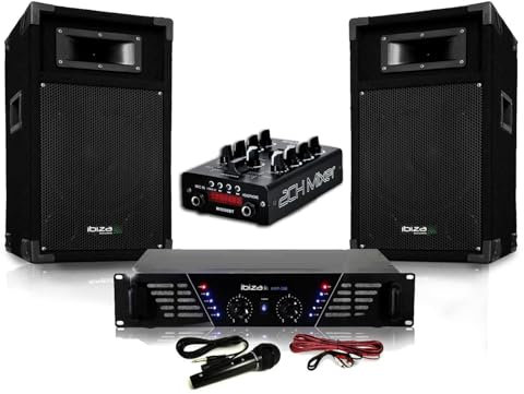 Pack Sono complet DJ-MIX500-BT ampli + enceintes 500W + Table de mixage USB Bluetooth Micro + Câbles