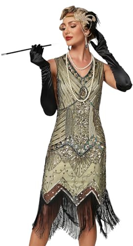 ArtiDeco 1920-talsklänning med fransar, pärlor och paljetter, ”flapper”, det vilda 20-talet, finklänning, Gatsby-utklädnad, vintagestil, aftonklänning, L