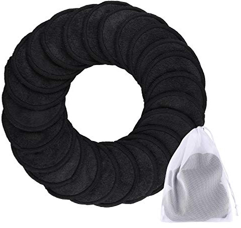 SIQUK 24 Pieces Reusable Cotton Rounds Black Makeup Remover Pads Layers Washable Organic Bamboo Cleansing Cloth Pads with Laundry Bag for Eye Makeup Remove Face Wipe