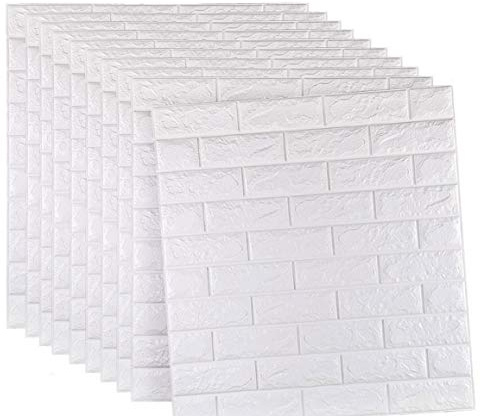 10 Pcs 3D Brick Wallpaper, CKW Soundproofing Wallpaper Wall Stickers Self Adhesive PE Foam for Living Room Bedroom Home Office TV Wall, 60x60cm (White)