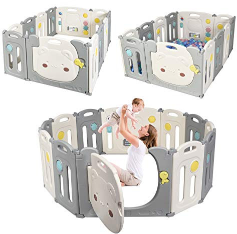 GOPLUS Baby Laufstall, Laufgitter Absperrgitter mit Tür Beleuchtung und Spielzeug, Klappbarer Krabbelgitter Spielgitter aus Kunststoff, Stabiler und sicherer Schutzgitter für Kinder (12 Paneele)