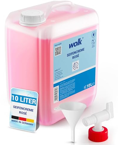 wolkHandseife Flüssig 10 Liter Rosé - Seife Nachfüllpack mit Zubehör | Alkalifreie Handwaschseife mit Rosenduft, dermatologisch getestet, inklusive Ausgießer, Hahn und Trichter für Spender