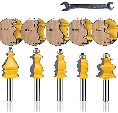 LEATBUY-TECH Architectural Molding Router Bit Set 1/4-Inch Shank 5 PCS, Corner Rounding Edge-forming Roundover Beading Router Bit Set, Woodworking Milling Tools(1/4 Line)