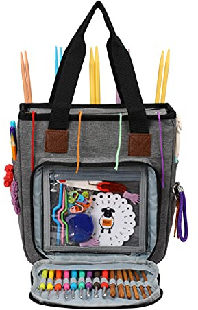 KOKNIT Knitting Tote Bag,Yarn Storage Bag for Carrying Project Yarn Storage Organizer with Pockets for Crochet Hooks,Knitting Needles and Accessories,Blue-No Accessories Included (Grey)