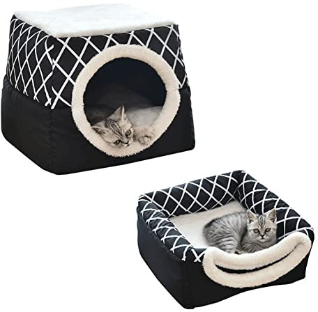 LIEMUAO Katzenhöhle,Katzenkorb Halbgeschlossenes Faltbar ,Winterfest katzenhaus Katzenbett für Kleine bis Mittlere Größe Katzen (M, Schwarz)