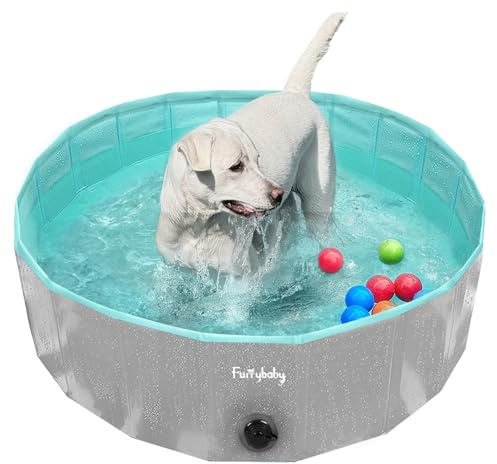 furrybaby Dog Paddling Pool for Small Dogs, Foldable Dog Pool, Puppy Pool for Gardens with PVC, Non-Slip Base & Drain Plug, Grey, 80 x 20 cm