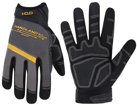 HANDLANDY Mens Work Gloves, Mechanic Working Gloves for Men, Touchscreen Safety Work Gloves, for Craftsman, Construction, Tool Handling, Yard Glove (Grey Black, S)
