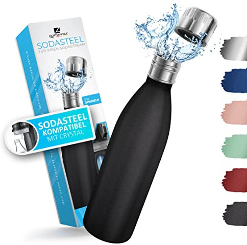 LICHTENWERK® Premium Edelstahl Flasche 0,6L [EINFACH MITNEHMEN] kompatibel mit SodaStream Crystal - Kohlensäure geeignet - Spülmaschinenfest - Edelstahl Trinkflasche - Schwarz Pulverbeschichtung