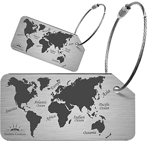 NAJ Luggage Tags 2 Pcs, Luggage Labels for Suitcase, Brushed Aluminum Alloy Travel Accessories with World Map Design Name ID Labels for Small & Large Suitcase, (World Map Pack-2) Silver