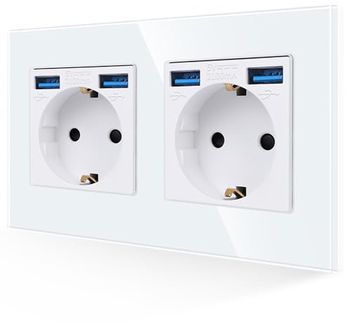 JIMEIDA Doppelsteckdose mit USB in Weiß, 16Amp Glas Schuko Steckdosen mit Schnelles Laden USB Anschluss Max.2.1A, Unterputz Schutzkontakt Wandsteckdose-86mm, 250V, 2 Fach