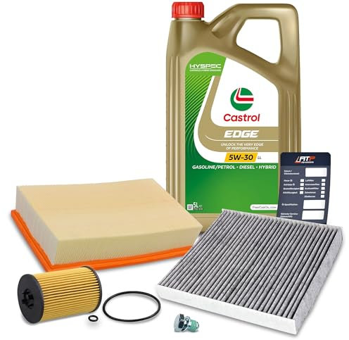 BESTPRICE Inspektionspaket Filterset mit 1x Ölfilter; 1x Innenraumfilter (Aktivkohle); 1x Luftfilter; 1x Ölablassschraube + Dichtring; 1x Ölwechselanhänger; 1x Motoröl 5W-30 EDGE TITANIUM Longlife 5 l