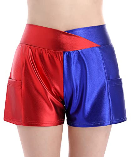 Ledershorts Damen Kunstleder Hotpants Sexy Metallic Wetlook Lack und Leder Shorts Gym Sporthose Kurze Hose Frauen Festival Rave Pole Dance Outfit Halloween Karneval Faschingskostüme Rot Blau XL