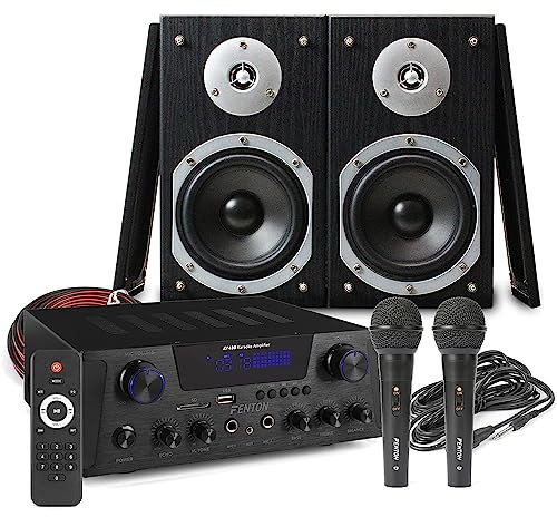Fenton AV430B Home Karaoke Setup with Bluetooth Amplifier, Bookshelf Speakers, Dual Wired Microphones – Complete Karaoke Machine System for Adults & Family Parties