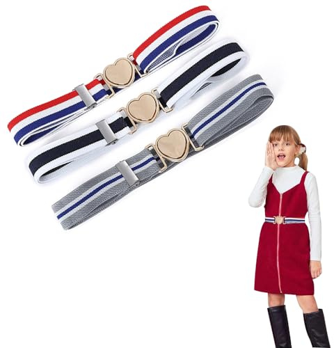 HXSYKJDM 3 Stück Elastische Gürtel, Verstellbar Stretchgürtel für Mädchen, Kinder & Jugendliche, Multi-Color, One Size, Herz Schnalle Design, Stretchstrick und Zinklegierung